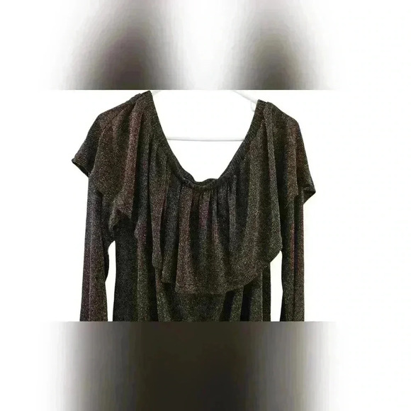 Y2k Umgee Black & Gold Off-the-Shoulder Ruffle Long Sleeve Top - Picture 3 of 8